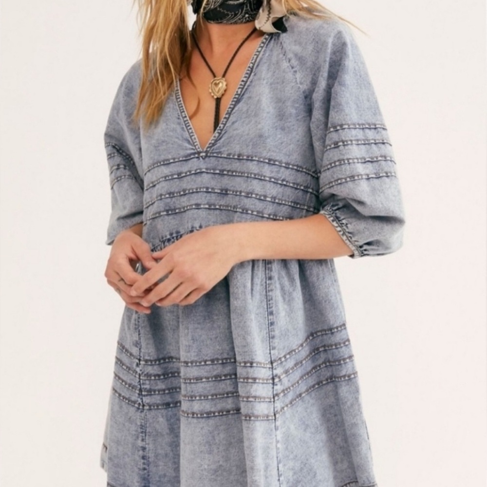 Free People Blue Tiered Puff Sleeve Sundress